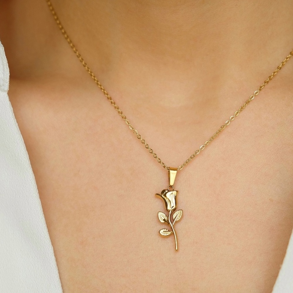 Rose Stem Necklace | 18K Gold Plated Stainless Steel Necklace Chain